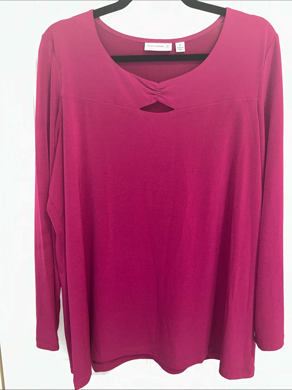 Susan Graver Long-Sleeve Twist-Keyhole Top in Raspberry Pink